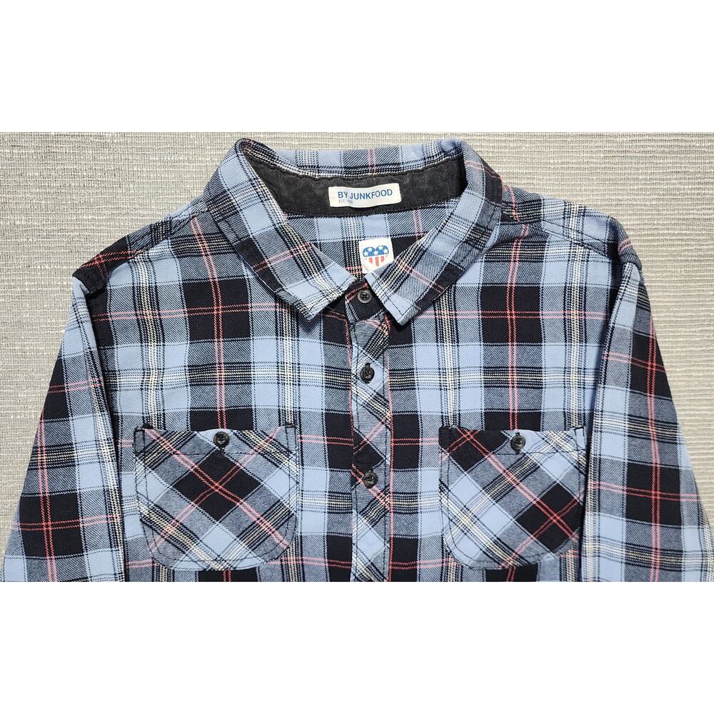 By Junkfood Plaid Flannel Shirt Mens Large Blue Black Long Sleeve Button Up‎